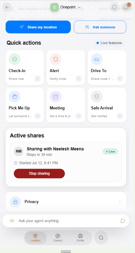 Onepoint quick actions and the active share with a visible Stop sharing control