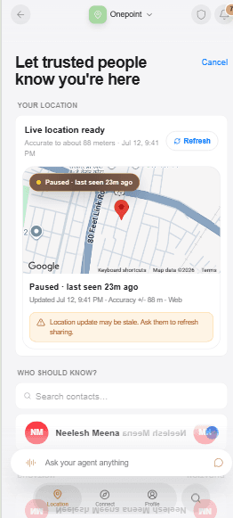 Onepoint recipient selection with live location readiness and map context