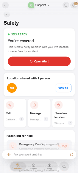 Onepoint Safety screen with SOS readiness and trusted contact actions