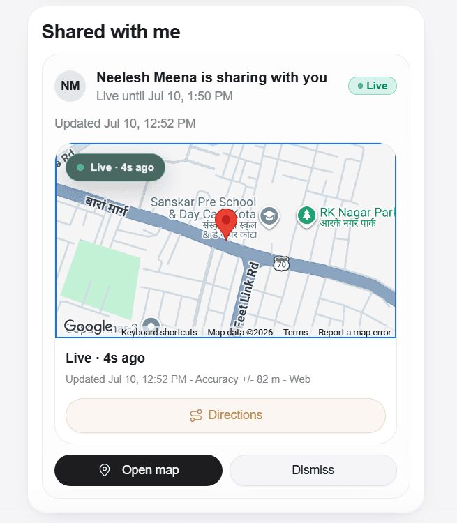 A recipient viewing an active location share and map