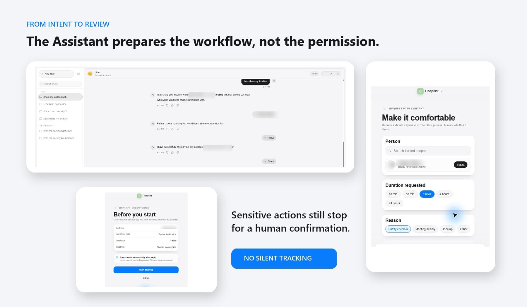 Assistant conversation paired with request context and final consent review