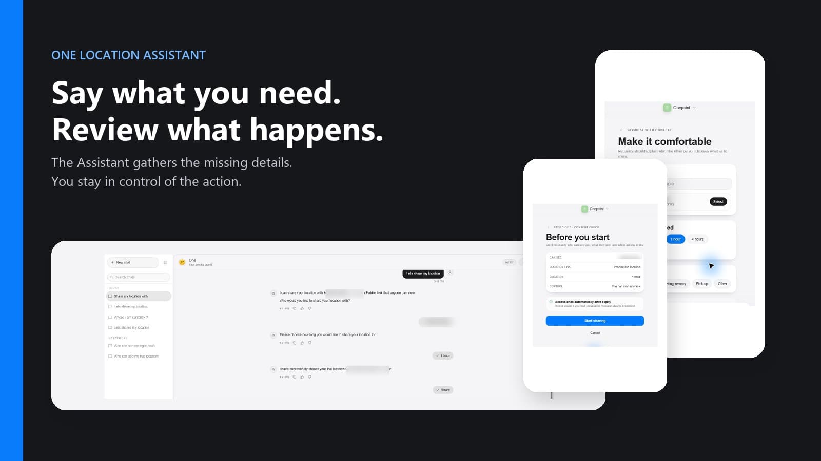 One Location Assistant conversation shown with request context and consent confirmation screens