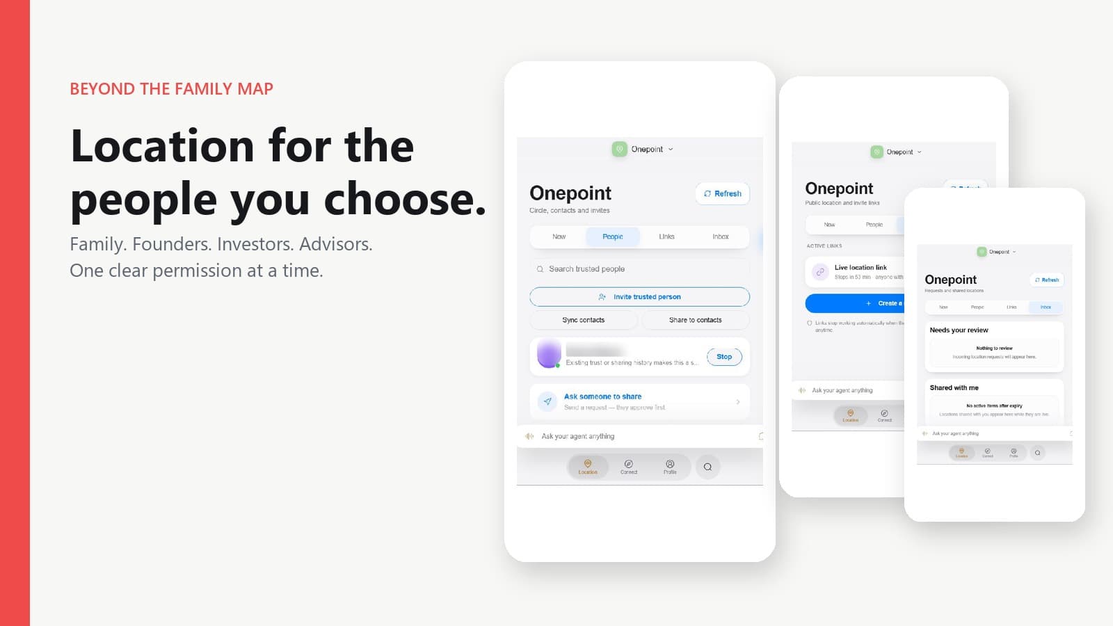 One Location People, Links, and Inbox screens for family and professional sharing